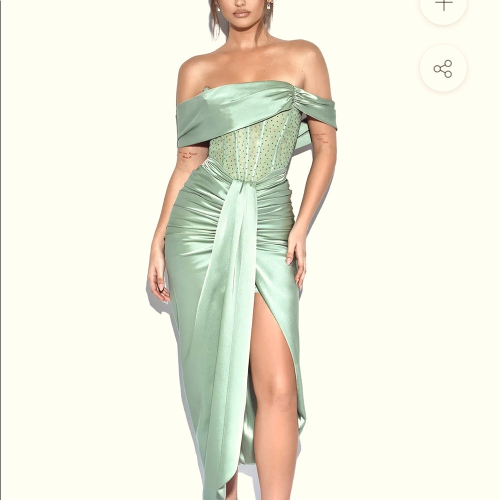 Stella Basil Off Shoulder Crystal Corset Satin Gown